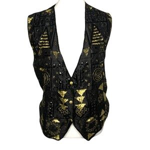 Vintage Black & Gold Size 2/4 Bead Embellished Women's Glam Sequin Vest Rocker
